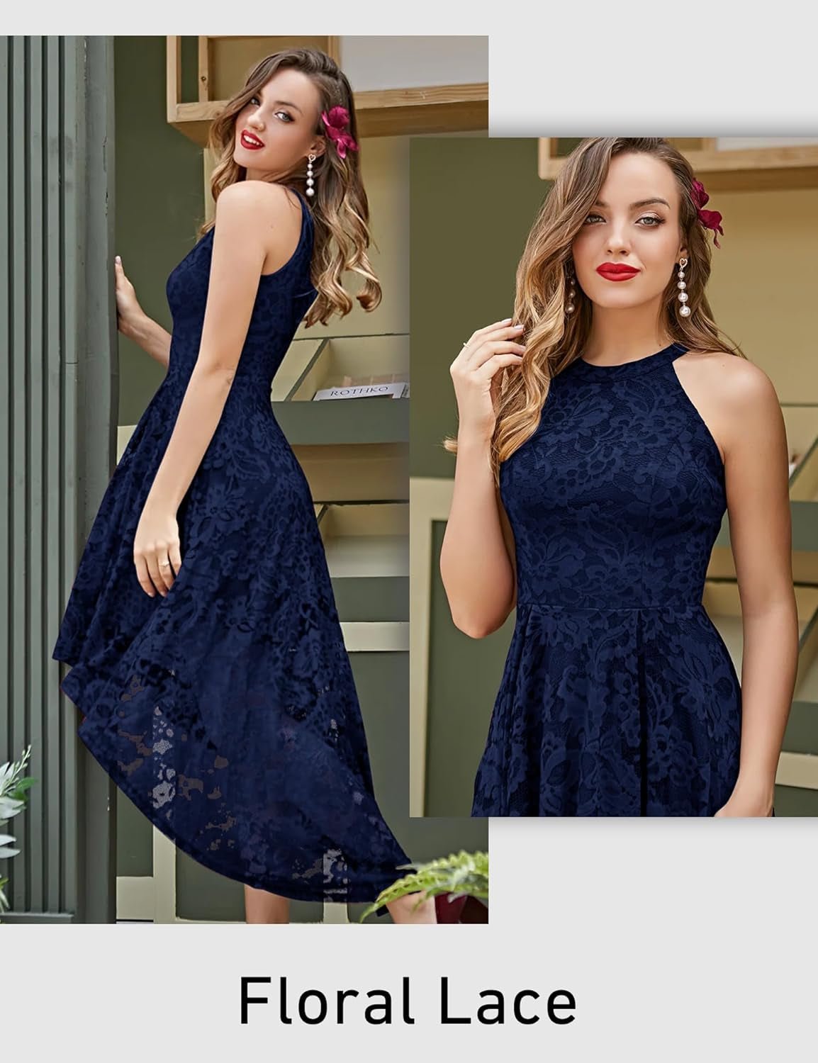 Dressystar Women'S Halter Floral Lace Cocktail Party Dress Hi - Lo Bridesmaid DressNavyMediumClothingCocktailDresses