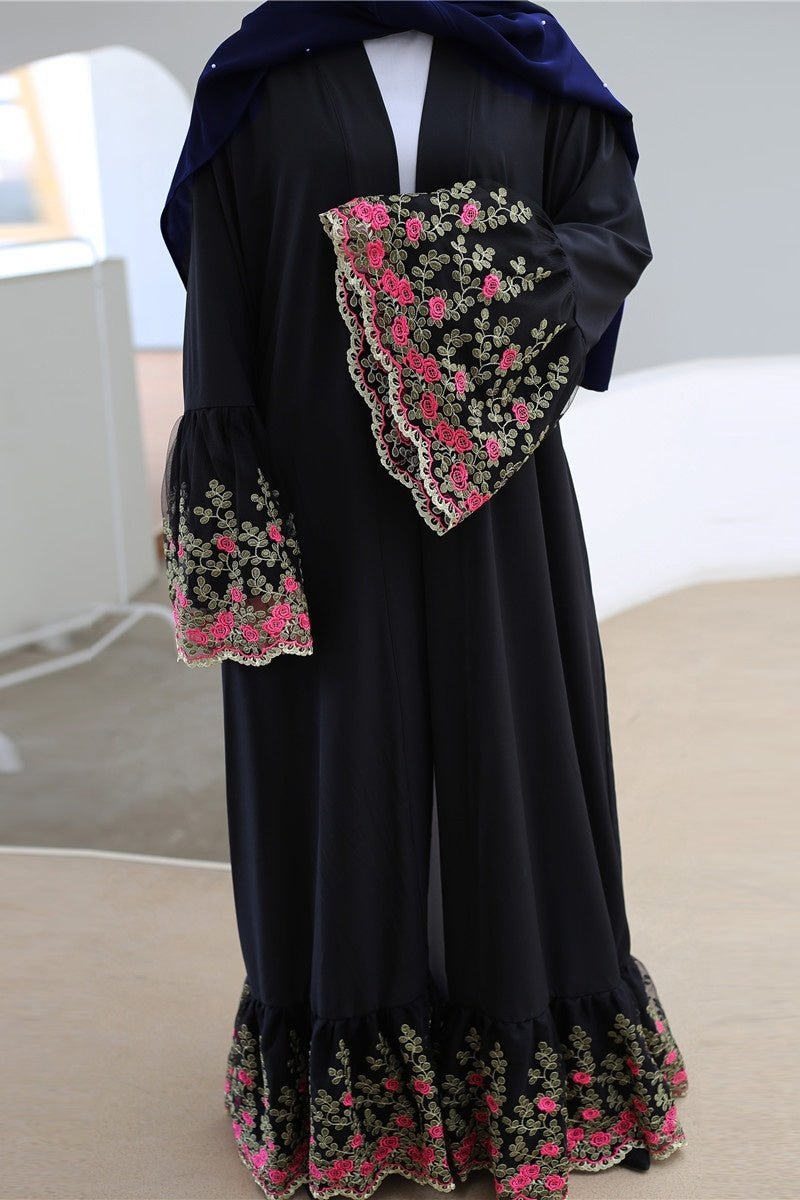 Dubai High End Clothing Gold Silk Embroidered Lace Tunic CardiganBlack2XL