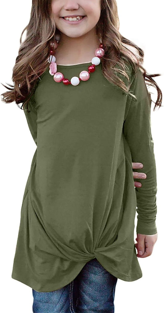 Ecokauer Girls Casual Tunic Tops Knot Front Long Sleeve Loose Soft Blouse T - Shirt Size 4 - 13B Army Green8 - 9 YearsBlouses & Button - Down ShirtsClothingGirls