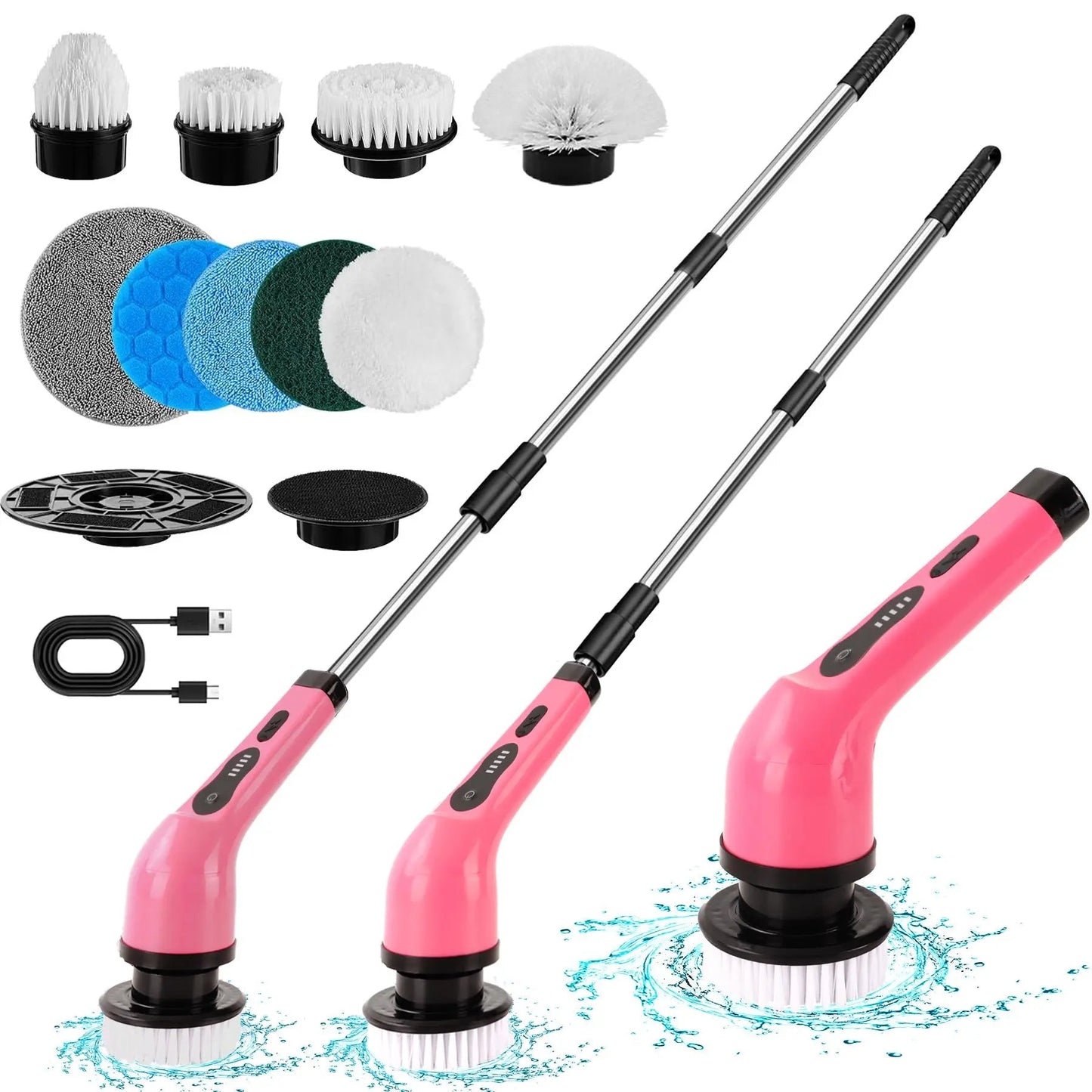 Electric Spin Scrubber Home Electronics, Summer Handheld Bathroom Scrubber with Replaceable Brush Heads, Rechargeable Cordless Scrubbing Spin Brush with Adjustable Handle, Electric Spin Power ScrubberPinkOne - SizeHousehold Appliances