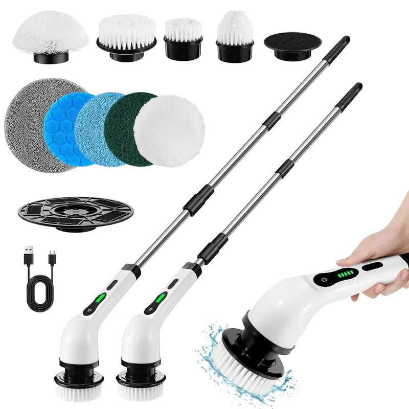 Electric Spin Scrubber Home Electronics, Summer Handheld Bathroom Scrubber with Replaceable Brush Heads, Rechargeable Cordless Scrubbing Spin Brush with Adjustable Handle, Electric Spin Power ScrubberWhiteOne - SizeHousehold Appliances