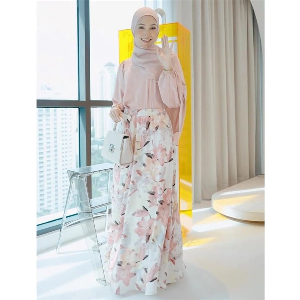 Elegant Muslim Women Floral Print High Waist A - line Skirt Turkey Arab Long Maxi Dress Medium Length Dubai Islamic Skirt ClothingOnly Pink SkirtOne Size