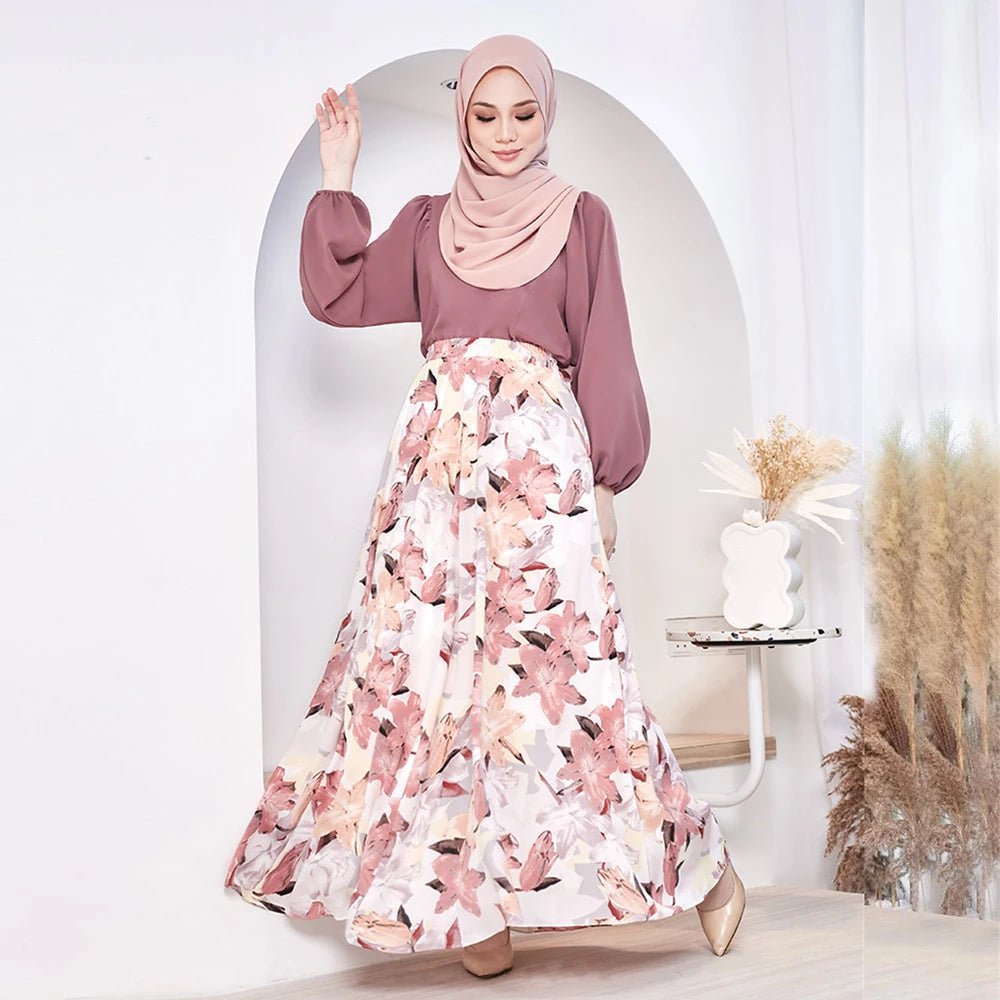 Elegant Muslim Women Floral Print High Waist A - line Skirt Turkey Arab Long Maxi Dress Medium Length Dubai Islamic Skirt ClothingOnly Pink SkirtOne Size