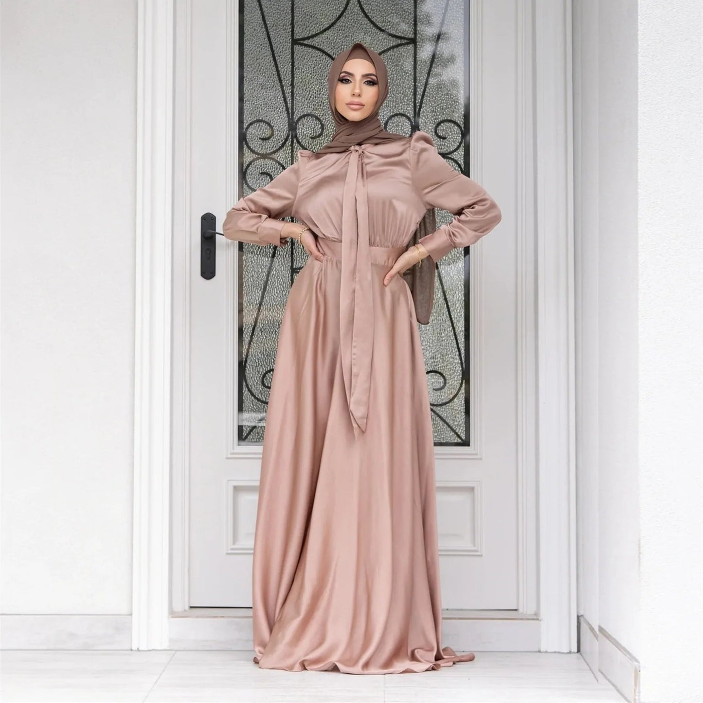 Elegant Satin Dress for Women Muslim Fashion Abaya Hijab Dubai Turkey Evening Dresses Arabic Kaftan Robe Female Islamic ClothingNude PinkXL