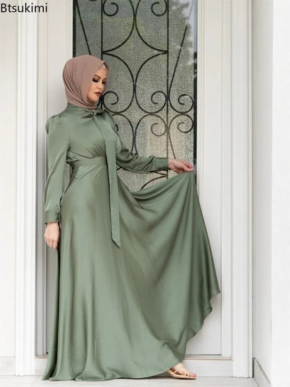 Elegant Satin Dress for Women Muslim Fashion Abaya Hijab Dubai Turkey Evening Dresses Arabic Kaftan Robe Female Islamic ClothingRed BrownXL