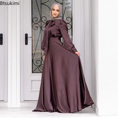 Elegant Satin Dress for Women Muslim Fashion Abaya Hijab Dubai Turkey Evening Dresses Arabic Kaftan Robe Female Islamic ClothingRed BrownXL