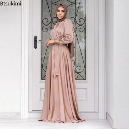 Elegant Satin Dress for Women Muslim Fashion Abaya Hijab Dubai Turkey Evening Dresses Arabic Kaftan Robe Female Islamic ClothingRed BrownXL