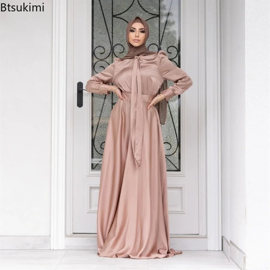 Elegant Satin Dress for Women Muslim Fashion Abaya Hijab Dubai Turkey Evening Dresses Arabic Kaftan Robe Female Islamic ClothingRed BrownXL