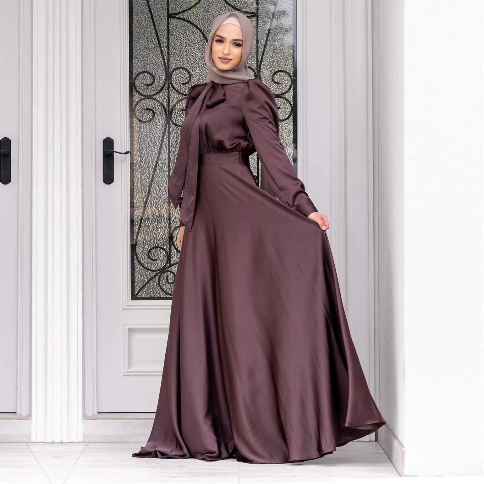 Elegant Satin Dress for Women Muslim Fashion Abaya Hijab Dubai Turkey Evening Dresses Arabic Kaftan Robe Female Islamic ClothingRed BrownXL