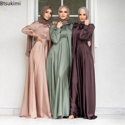 Elegant Satin Dress for Women Muslim Fashion Abaya Hijab Dubai Turkey Evening Dresses Arabic Kaftan Robe Female Islamic ClothingRed BrownXL