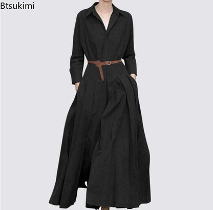 Elegant Shirt Dress for Women Fashion Lapel Temperament Long Dress Spring Autumn New Casual Office Ladies Maxi Dress Modest RobeBlack Without beltS