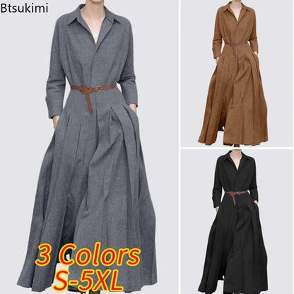 Elegant Shirt Dress for Women Fashion Lapel Temperament Long Dress Spring Autumn New Casual Office Ladies Maxi Dress Modest RobeBlack Without beltS