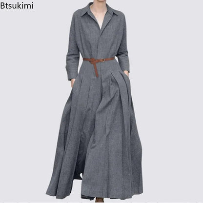 Elegant Shirt Dress for Women Fashion Lapel Temperament Long Dress Spring Autumn New Casual Office Ladies Maxi Dress Modest RobeBlack Without beltS