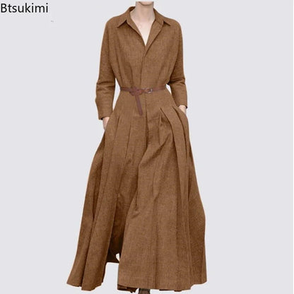 Elegant Shirt Dress for Women Fashion Lapel Temperament Long Dress Spring Autumn New Casual Office Ladies Maxi Dress Modest RobeBlack Without beltS