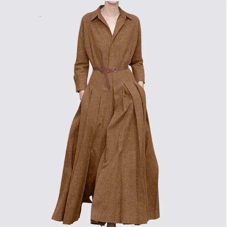 Elegant Shirt Dress for Women Fashion Lapel Temperament Long Dress Spring Autumn New Casual Office Ladies Maxi Dress Modest RobeCoffee Without beltXXL