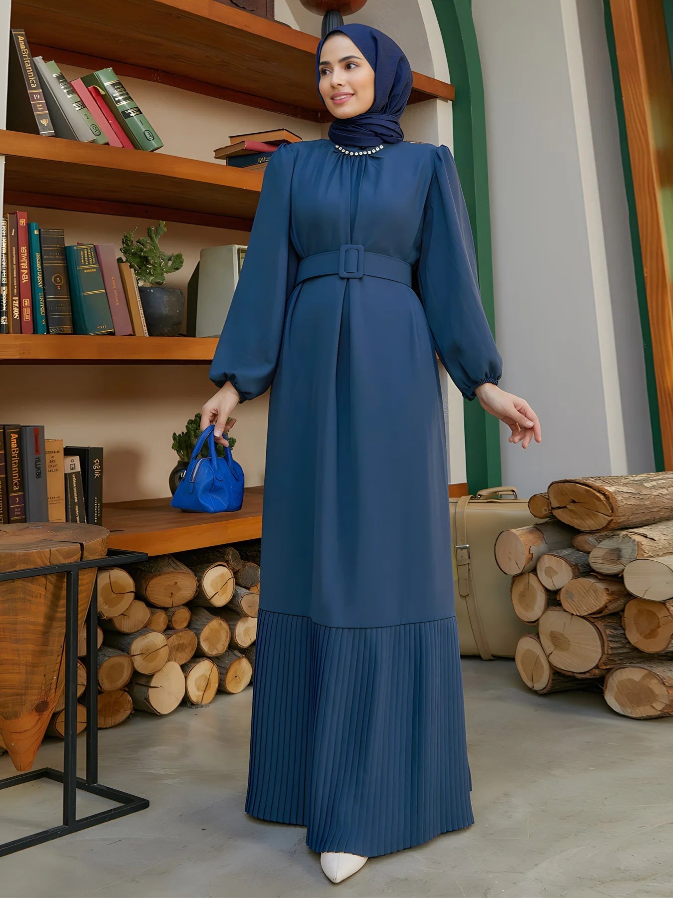 Elegant Women Muslim Abaya Diamond Pleated Long Maxi Dresses Turkey Kaftan Arab Robe Islamic Eid Party Ramadan Jalabiya Vestidos02 Dark BlueL