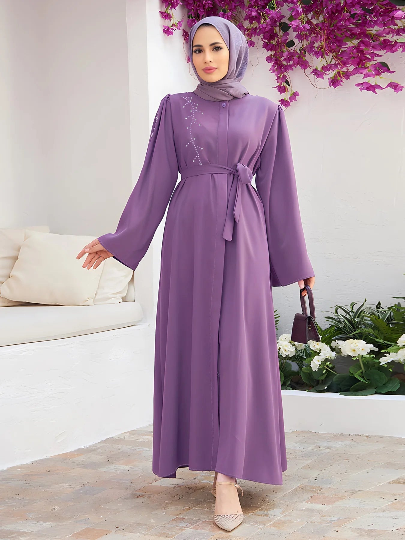 Elegant Women Muslim Abaya Diamond Pleated Long Maxi Dresses Turkey Kaftan Arab Robe Islamic Eid Party Ramadan Jalabiya Vestidos053 - 2PurpleM