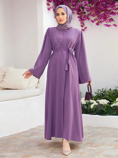 Elegant Women Muslim Abaya Diamond Pleated Long Maxi Dresses Turkey Kaftan Arab Robe Islamic Eid Party Ramadan Jalabiya Vestidos053 - 2PurpleM