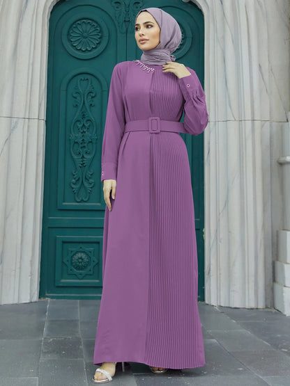 Elegant Women Muslim Abaya Diamond Pleated Long Maxi Dresses Turkey Kaftan Arab Robe Islamic Eid Party Ramadan Jalabiya Vestidos072 - 1PurpleM