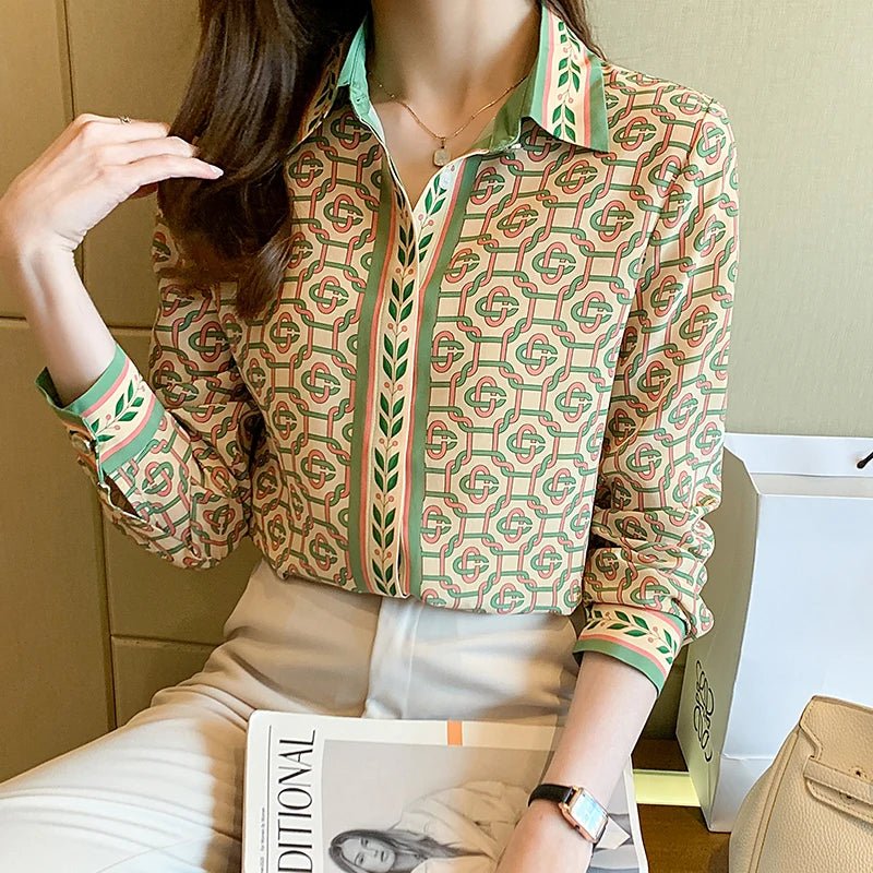 Fashion chained print ladies shirts Women's Blouses Spring Autumn Long Sleeve Tops Blusas MujerYellowXXL