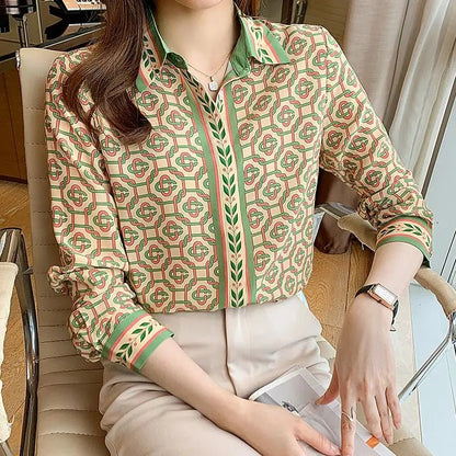 Fashion chained print ladies shirts Women's Blouses Spring Autumn Long Sleeve Tops Blusas MujerYellowXXL