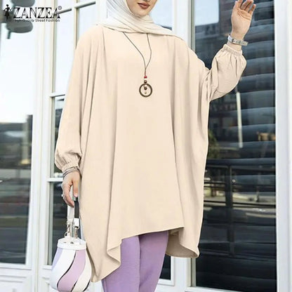 Fashion Muslim Blouse Women Long Sleeve Abaya Hijab Solid Tops ZANZEA 2023Retro Baggy Blusas Top Oversized Irregular Hem ShirtBeige5XL