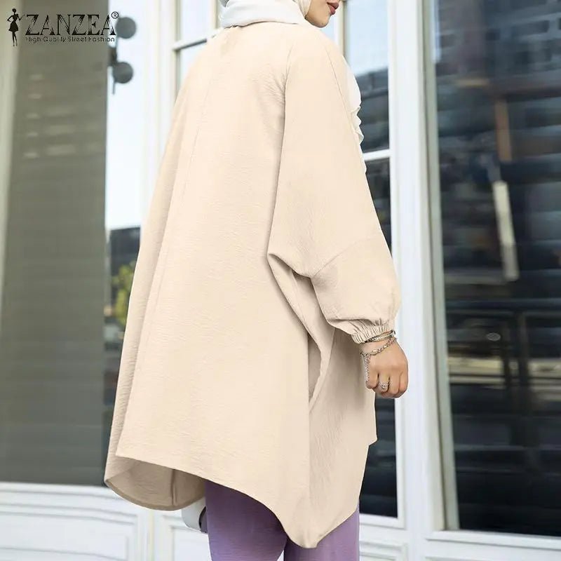 Fashion Muslim Blouse Women Long Sleeve Abaya Hijab Solid Tops ZANZEA 2023Retro Baggy Blusas Top Oversized Irregular Hem ShirtBeige5XL