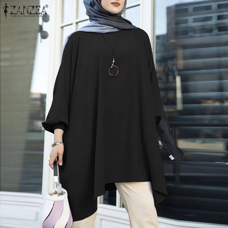 Fashion Muslim Blouse Women Long Sleeve Abaya Hijab Solid Tops ZANZEA 2023Retro Baggy Blusas Top Oversized Irregular Hem Shirtblack5XL