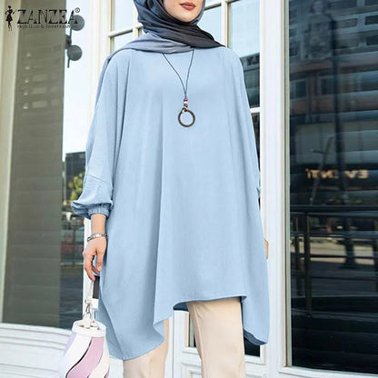 Fashion Muslim Blouse Women Long Sleeve Abaya Hijab Solid Tops ZANZEA 2023Retro Baggy Blusas Top Oversized Irregular Hem ShirtBlueXXL