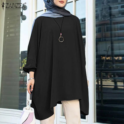 Fashion Muslim Blouse Women Long Sleeve Abaya Hijab Solid Tops ZANZEA 2023Retro Baggy Blusas Top Oversized Irregular Hem ShirtBlueXXL