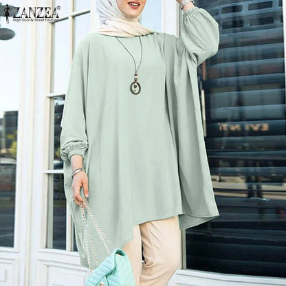 Fashion Muslim Blouse Women Long Sleeve Abaya Hijab Solid Tops ZANZEA 2023Retro Baggy Blusas Top Oversized Irregular Hem ShirtgreenXXL