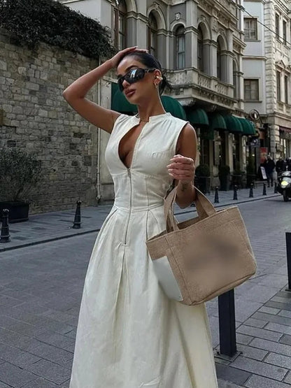 Fashion Sleeveless High Waist Zipper Maxi Dress Women Elegant O Neck Bodycon Vestidos 2024 Summer New Office Ladies Party Robesrice whiteS