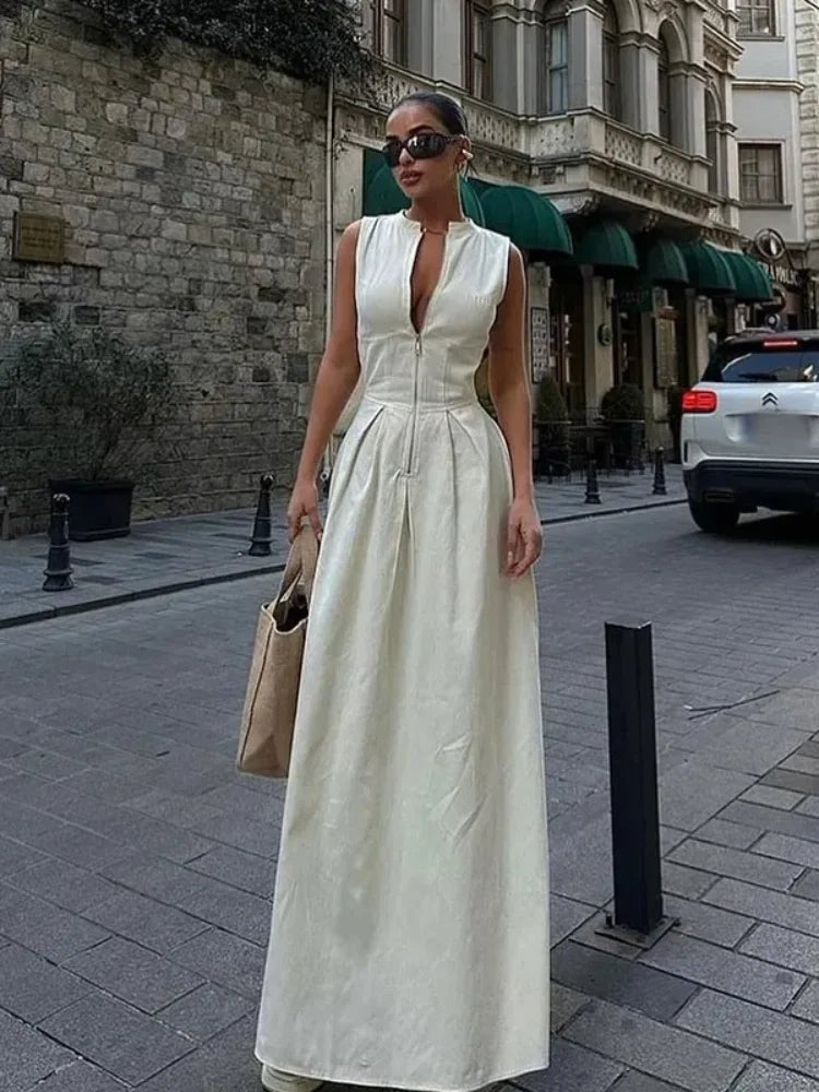 Fashion Sleeveless High Waist Zipper Maxi Dress Women Elegant O Neck Bodycon Vestidos 2024 Summer New Office Ladies Party Robesrice whiteS