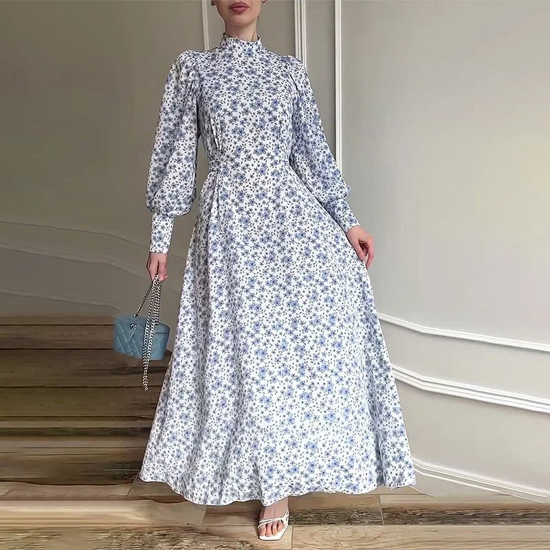 Fashion Slim Floral Print Women Dress Frenum Mock Turtleneck Long Sleeve Ankle Length Dress Elegant Classic Pattern Female DressPictureXL