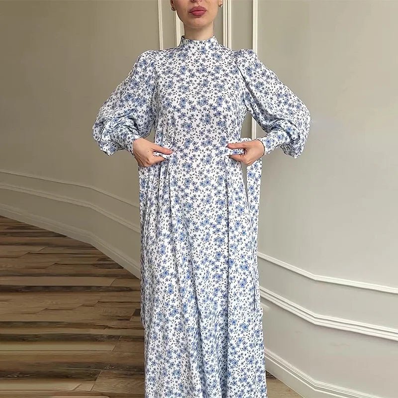 Fashion Slim Floral Print Women Dress Frenum Mock Turtleneck Long Sleeve Ankle Length Dress Elegant Classic Pattern Female DressPictureXL