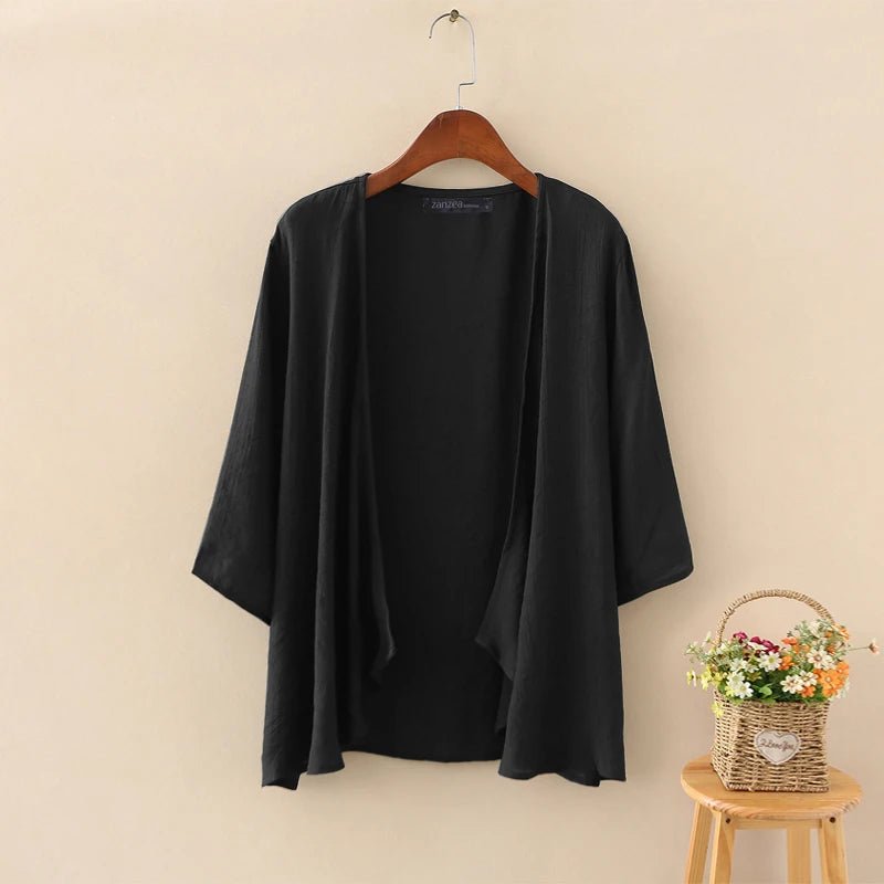 Fashion Solid Cardigans Womens Summer Blouse 2023 ZANZEA Casual Long Sleeve Blusas Female Thin Tunic Tops Kimono Cape Plus Sizeblack5XL