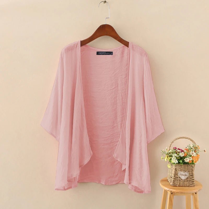 Fashion Solid Cardigans Womens Summer Blouse 2023 ZANZEA Casual Long Sleeve Blusas Female Thin Tunic Tops Kimono Cape Plus SizePink5XL