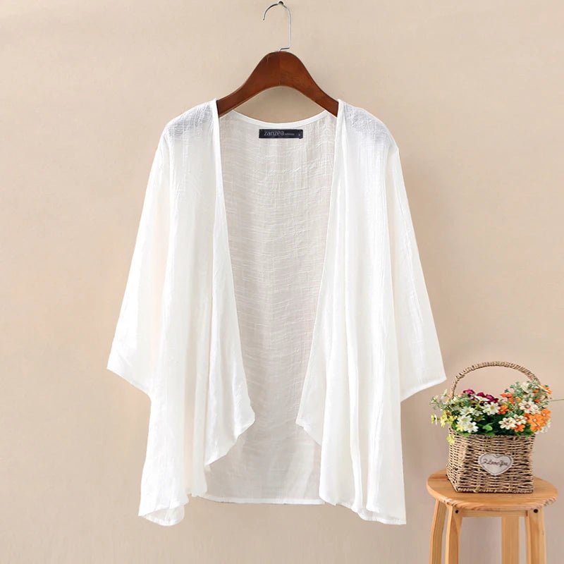 Fashion Solid Cardigans Womens Summer Blouse 2023 ZANZEA Casual Long Sleeve Blusas Female Thin Tunic Tops Kimono Cape Plus SizeWHITE5XL