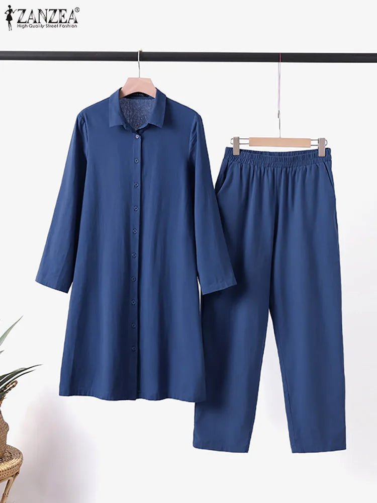 Fashion Women Matching Sets Causal Long Shirt Loose Trousers Suit ZANZEA Spring Women's Outfits 2PCS Elegant OL Work Pant SetRoyalS