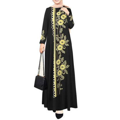 Fashion ZANZEA Women Muslim Abaya Maxi Dress Elegant Floral Print Long Sleeve Long Robe Casual O Neck Islamic Vestidos KaftanblackS