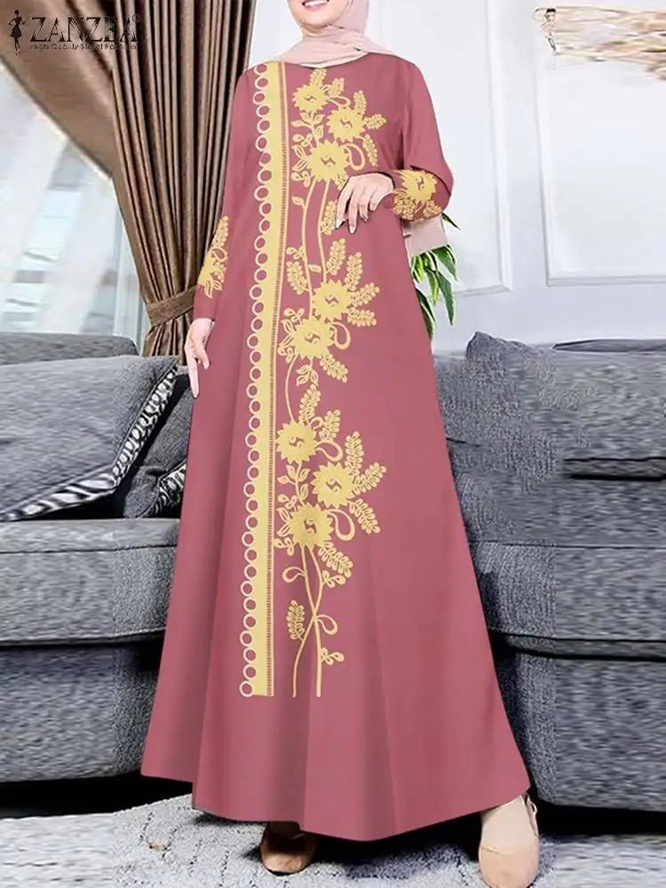 Fashion ZANZEA Women Muslim Abaya Maxi Dress Elegant Floral Print Long Sleeve Long Robe Casual O Neck Islamic Vestidos KaftanblackS