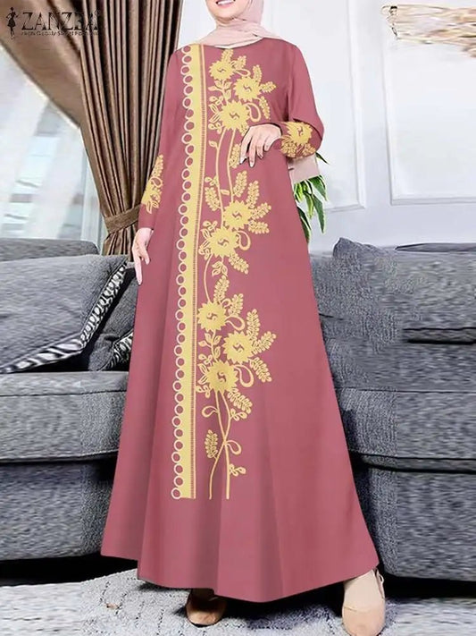 Fashion ZANZEA Women Muslim Abaya Maxi Dress Elegant Floral Print Long Sleeve Long Robe Casual O Neck Islamic Vestidos KaftanblackS