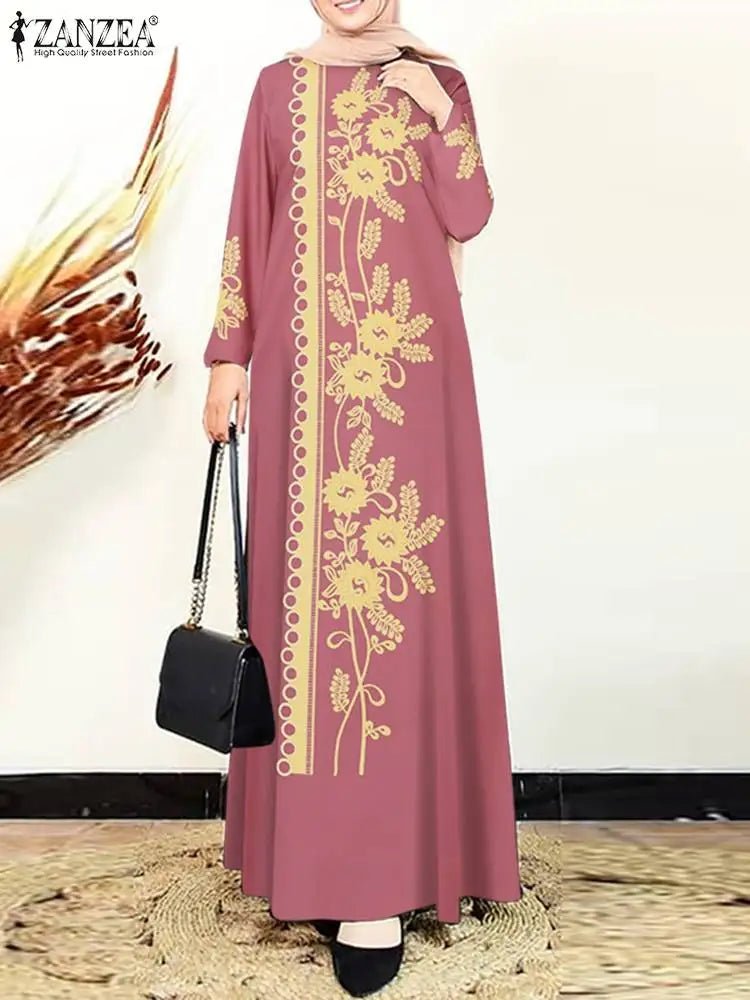 Fashion ZANZEA Women Muslim Abaya Maxi Dress Elegant Floral Print Long Sleeve Long Robe Casual O Neck Islamic Vestidos KaftanblackS