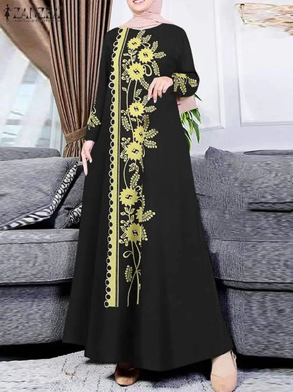 Fashion ZANZEA Women Muslim Abaya Maxi Dress Elegant Floral Print Long Sleeve Long Robe Casual O Neck Islamic Vestidos KaftanblackS