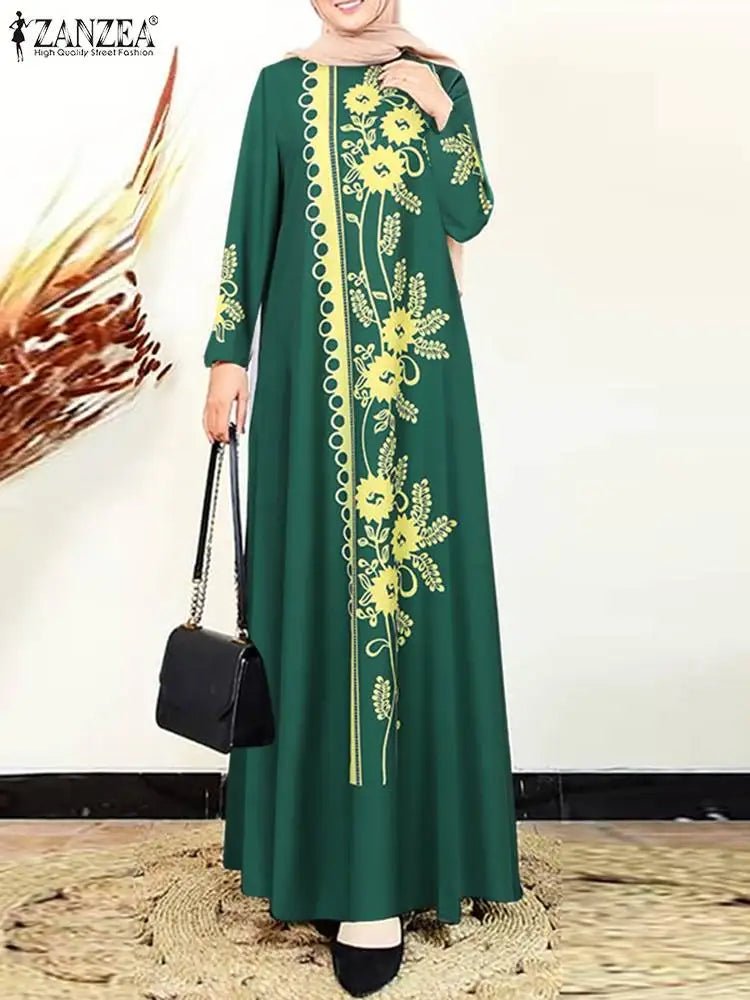 Fashion ZANZEA Women Muslim Abaya Maxi Dress Elegant Floral Print Long Sleeve Long Robe Casual O Neck Islamic Vestidos KaftanblackS