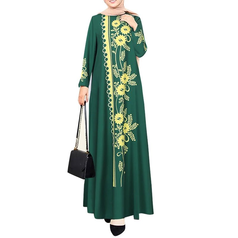 Fashion ZANZEA Women Muslim Abaya Maxi Dress Elegant Floral Print Long Sleeve Long Robe Casual O Neck Islamic Vestidos Kaftangreen5XL