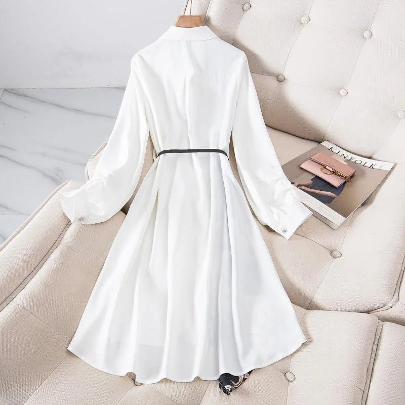 Female Design Sense Waist Show Thin Medium Length Dress A - line Skirt Women's 2023 Spring And Autumn New Meat Covered Shirt DressWhiteM