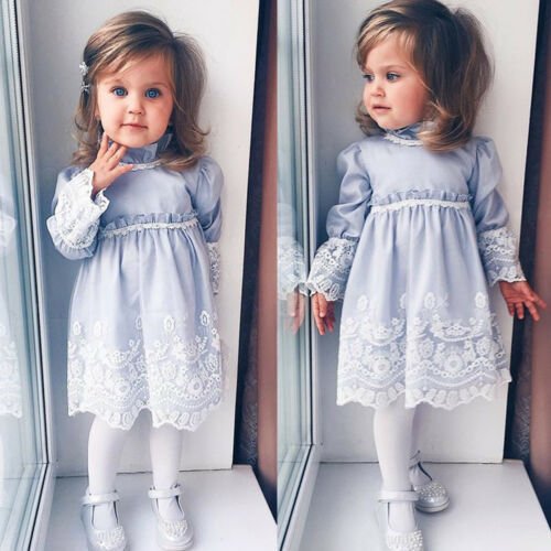 Floral Girl Dress Childrens Clothing Lace SummerBlue12M