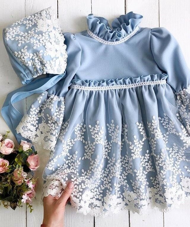 Floral Girl Dress Childrens Clothing Lace SummerBlue12M