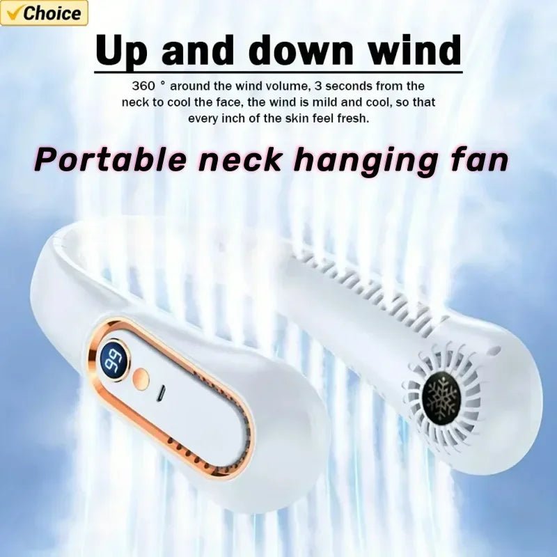 Hanging neck fan portable summer air cooler USB cooling fan with 5 speeds and digital displays - super technology and bladelesswhite